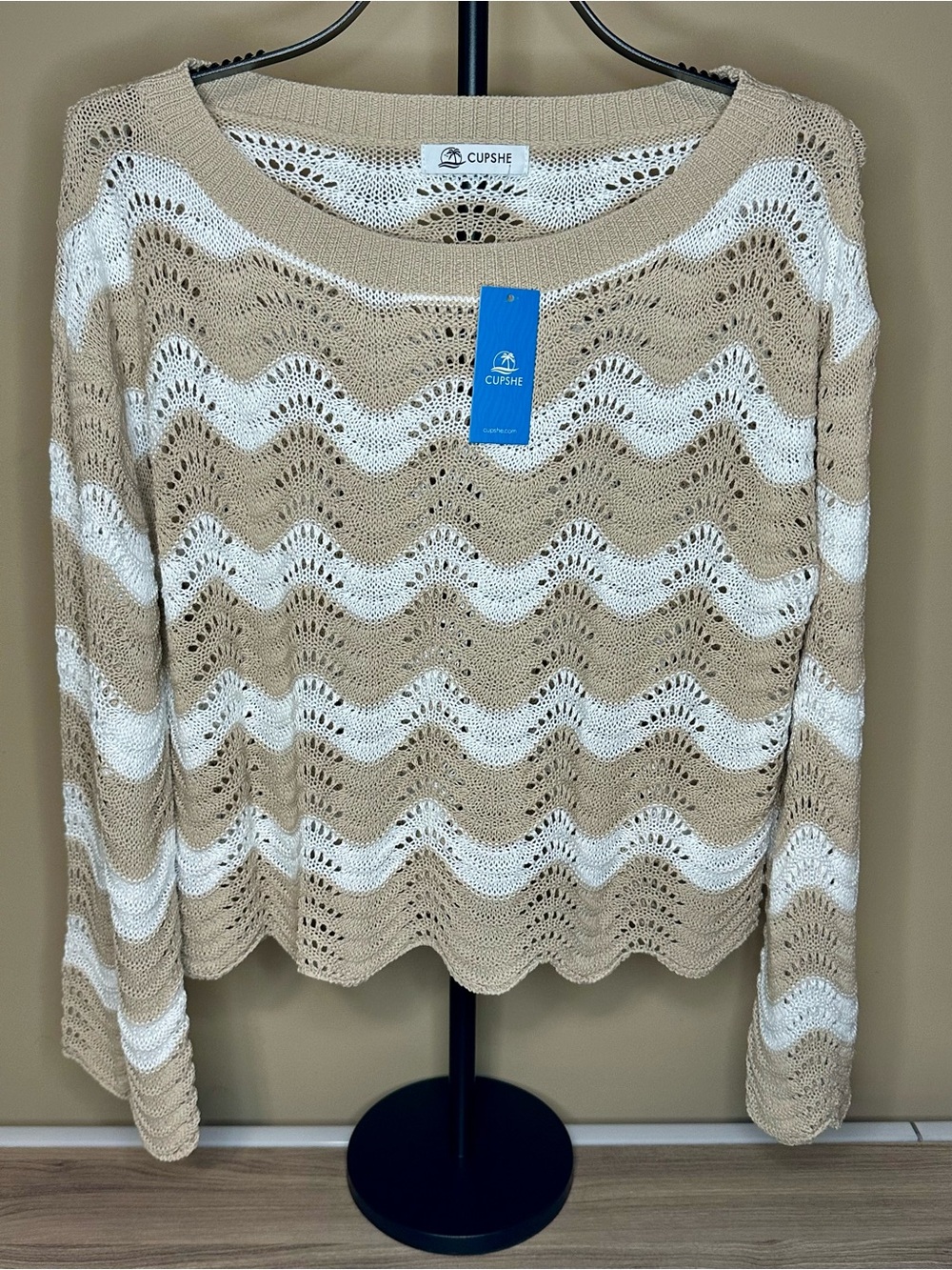 Cupshe NWT Beige Ivory Crochet Open Knit Sweater Size S